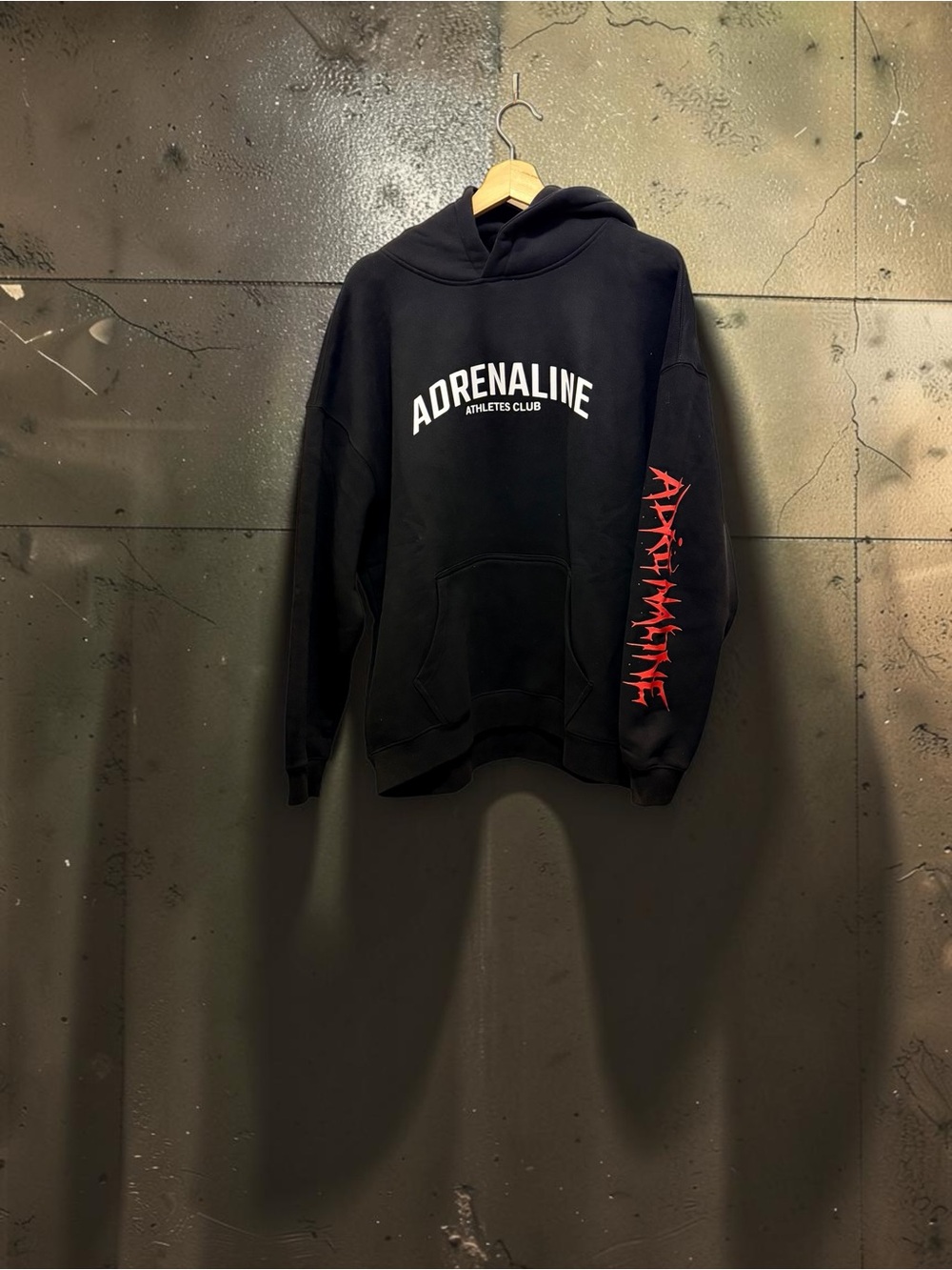 Adrenaline Men's Black Hoodie with front and back and Red Sleeve Graphic size XL